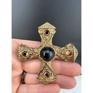 Cross Brooch Chunky Brown Rhinestone Gold Tone